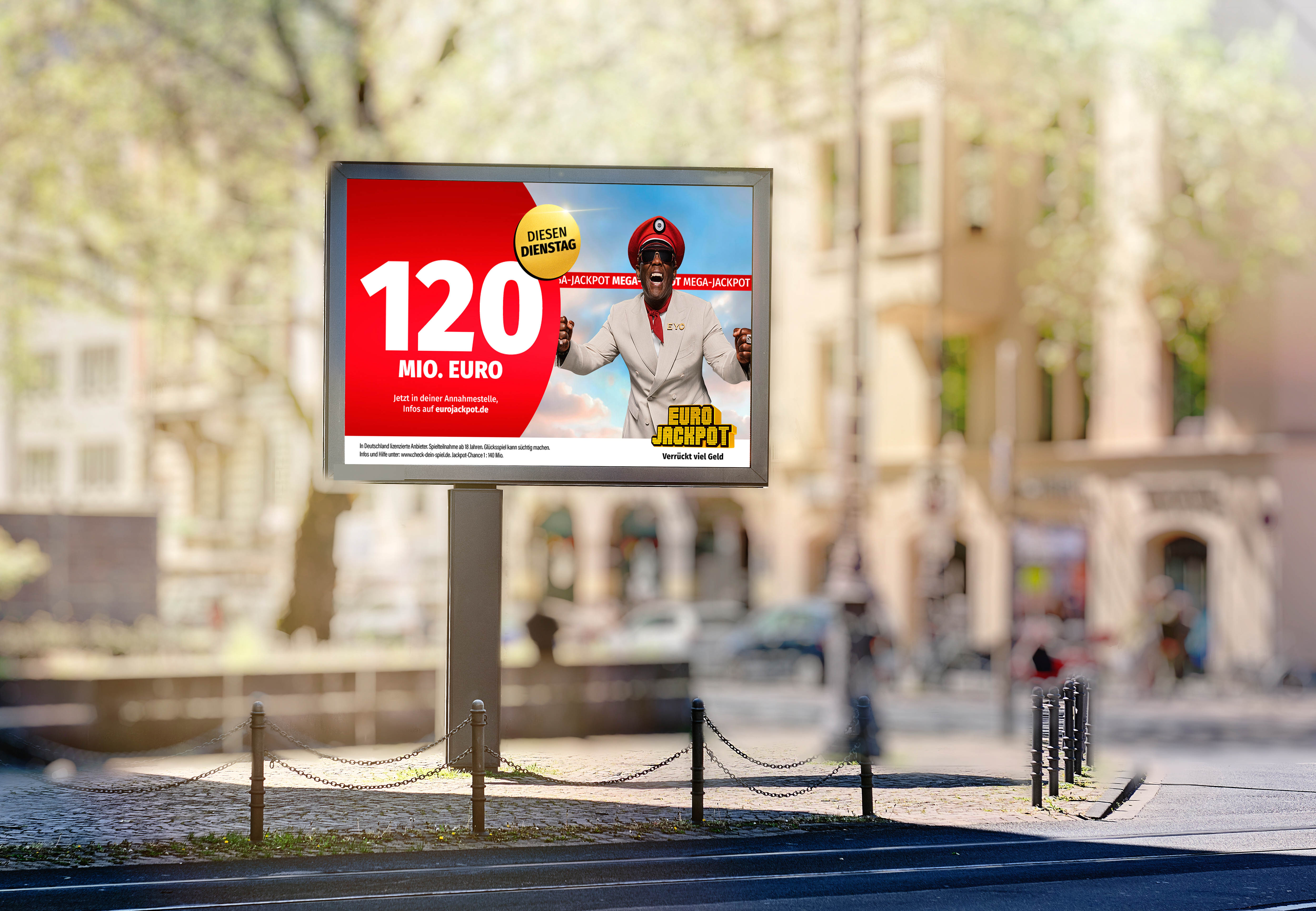 Werbetafel mit Euro Jack und 120-Millionen-Aufschrift